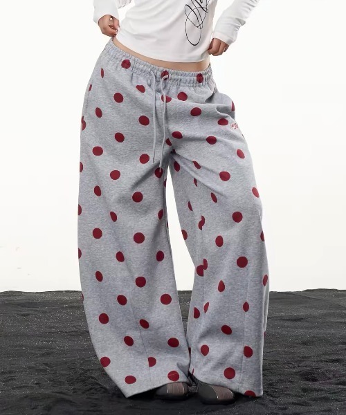 Lis ardent(リスアルダン)の「2026AW ワンポイント刺繍 ドット柄ワイドスウェットパンツ/イージーワイドパンツ(スウェットパンツ・レディース・ネイビー/グレー・M)」の4枚目の写真