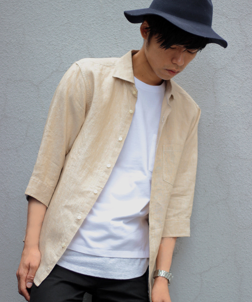 glory crew(グローリークルー)の「フレンチリネン七分シャツ(カフス裏配色)(シャツ/ブラウス・メンズ・ホワイト/ボルドー/ブラック/ベージュ/ターコイズブルー/カーキ・M/L/LL/S)」の1枚目の写真