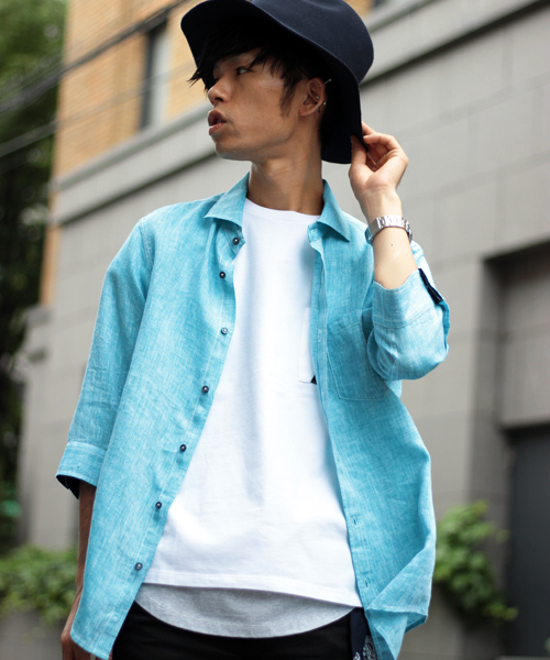 glory crew(グローリークルー)の「フレンチリネン七分シャツ(カフス裏配色)(シャツ/ブラウス・メンズ・ホワイト/ボルドー/ブラック/ベージュ/ターコイズブルー/カーキ・M/L/LL/S)」の5枚目の写真