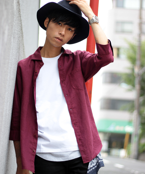 glory crew(グローリークルー)の「フレンチリネン七分シャツ(カフス裏配色)(シャツ/ブラウス・メンズ・ホワイト/ボルドー/ブラック/ベージュ/ターコイズブルー/カーキ・M/L/LL/S)」の6枚目の写真