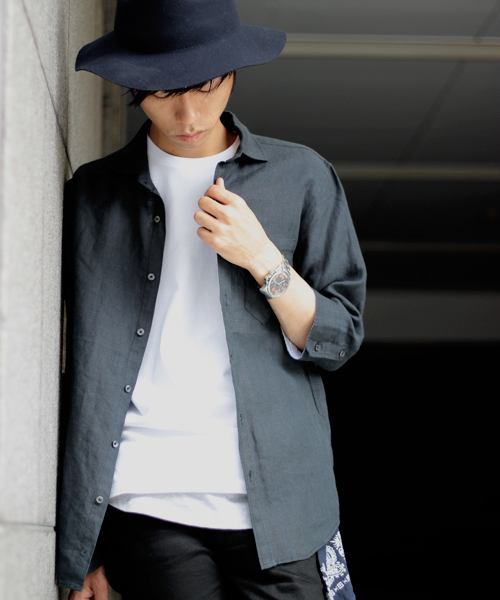 glory crew(グローリークルー)の「フレンチリネン七分シャツ(カフス裏配色)(シャツ/ブラウス・メンズ・ホワイト/ボルドー/ブラック/ベージュ/ターコイズブルー/カーキ・M/L/LL/S)」の3枚目の写真