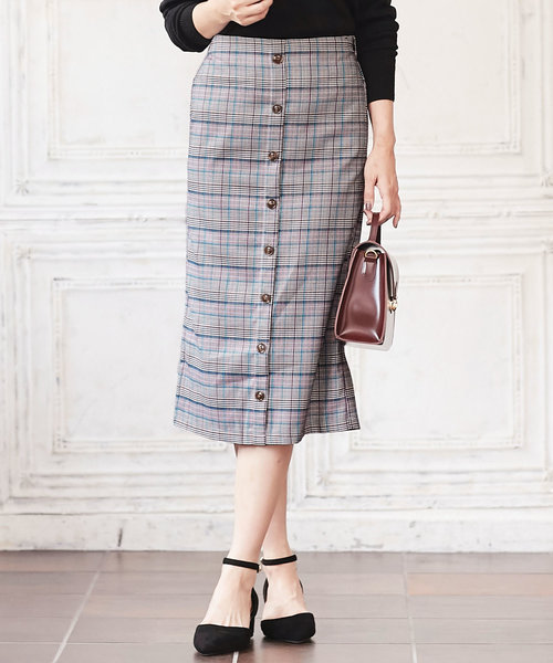 KOBE LETTUCE（コウベレタス）の「フロントボタンミディ丈タイトスカート/レディース/ボトムス/ミディアム丈[M2060]神戸レタス（スカート・レディース・ラベンダー/ピンク/イエロー/カーキ/ブラック/ボルドー/チェック・FREE）」の7枚目の写真