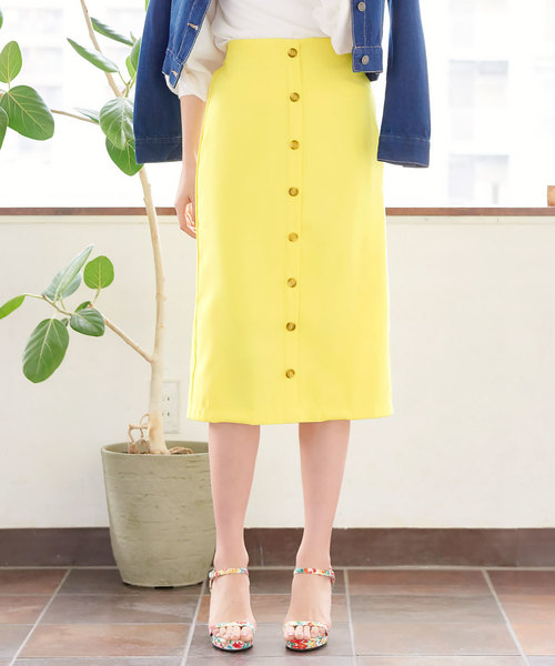 KOBE LETTUCE（コウベレタス）の「フロントボタンミディ丈タイトスカート/レディース/ボトムス/ミディアム丈[M2060]神戸レタス（スカート・レディース・ラベンダー/ピンク/イエロー/カーキ/ブラック/ボルドー/チェック・FREE）」の5枚目の写真