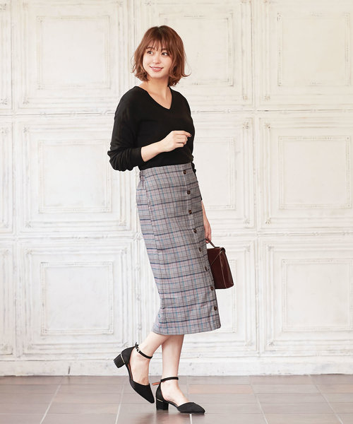 KOBE LETTUCE（コウベレタス）の「フロントボタンミディ丈タイトスカート/レディース/ボトムス/ミディアム丈[M2060]神戸レタス（スカート・レディース・ラベンダー/ピンク/イエロー/カーキ/ブラック/ボルドー/チェック・FREE）」の11枚目の写真