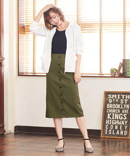 KOBE LETTUCE（コウベレタス）の「フロントボタンミディ丈タイトスカート/レディース/ボトムス/ミディアム丈[M2060]神戸レタス（スカート・レディース・ラベンダー/ピンク/イエロー/カーキ/ブラック/ボルドー/チェック・FREE）」の13枚目の写真