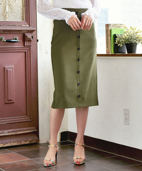 KOBE LETTUCE（コウベレタス）の「フロントボタンミディ丈タイトスカート/レディース/ボトムス/ミディアム丈[M2060]神戸レタス（スカート・レディース・ラベンダー/ピンク/イエロー/カーキ/ブラック/ボルドー/チェック・FREE）」の14枚目の写真