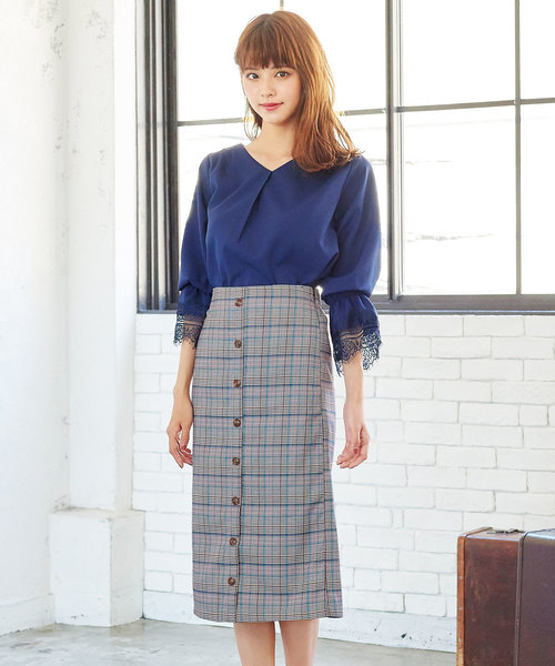 KOBE LETTUCE（コウベレタス）の「フロントボタンミディ丈タイトスカート/レディース/ボトムス/ミディアム丈[M2060]神戸レタス（スカート・レディース・ラベンダー/ピンク/イエロー/カーキ/ブラック/ボルドー/チェック・FREE）」の16枚目の写真