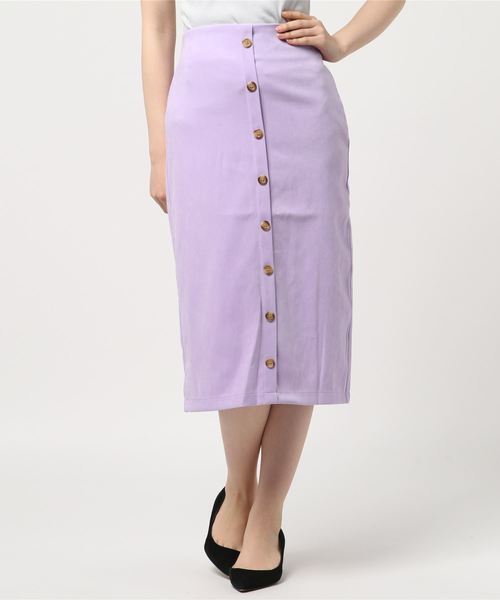 KOBE LETTUCE（コウベレタス）の「フロントボタンミディ丈タイトスカート/レディース/ボトムス/ミディアム丈[M2060]神戸レタス（スカート・レディース・ラベンダー/ピンク/イエロー/カーキ/ブラック/ボルドー/チェック・FREE）」の4枚目の写真