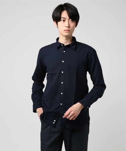 three dots（スリードッツ）の「THREE DOTS: シアサッカーLSシャツ（Tシャツ/カットソー・メンズ・ホワイト/ネイビー・S/M/L）」の2枚目の写真