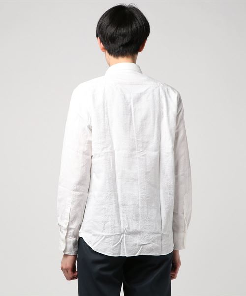 three dots（スリードッツ）の「THREE DOTS: シアサッカーLSシャツ（Tシャツ/カットソー・メンズ・ホワイト/ネイビー・S/M/L）」の4枚目の写真