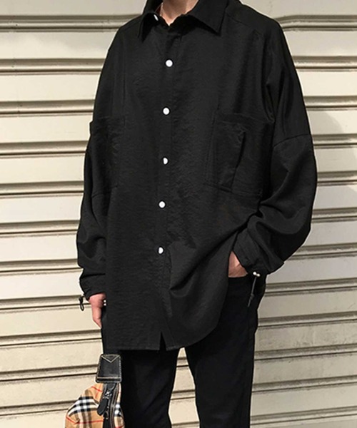 【サイズM1】OVERCOAT ブラック　ドロップショルダーシャツ セール】【MGV】ドロップショルダータックポケットオーバー