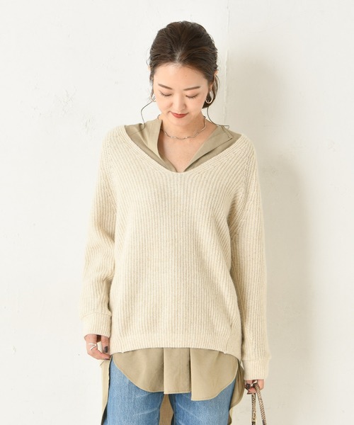 DouDou（ドゥドゥ）の「片畦Vプルオーバー（ニット/セーター・レディース・ベージュ/ブラウン/グリーン・FREE）」の13枚目の写真