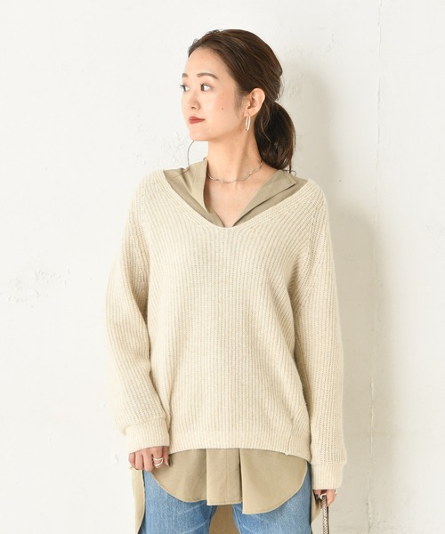 DouDou（ドゥドゥ）の「片畦Vプルオーバー（ニット/セーター・レディース・ベージュ/ブラウン/グリーン・FREE）」の7枚目の写真