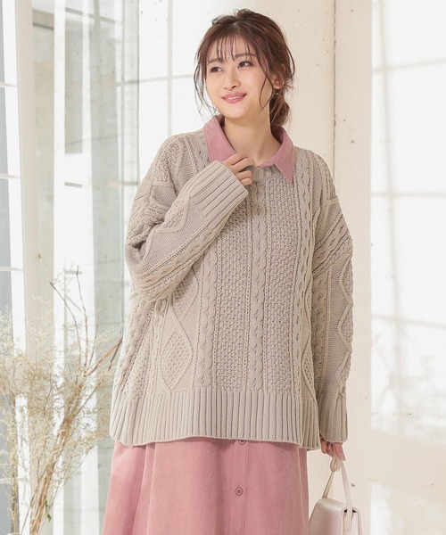 KOBE LETTUCE(コウベレタス)の「ビッグシルエットフレアケーブルニットトップス(ニット/セーター・レディース・ベージュ/オフホワイト/イエロー/ピンク系その他/チャコール・FREE)」の3枚目の写真