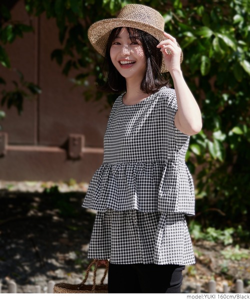 coca(coca)(コカ)の「ギンガムギャザーブラウス(シャツ/ブラウス・レディース・ブラック・ONE SIZE)」の6枚目の写真
