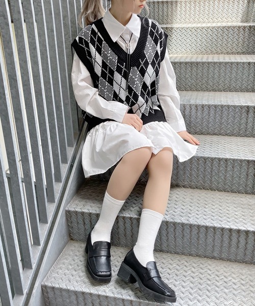 Figments（フィグメンツ）の「アーガイルニットベスト（ベスト・レディース・ブラック/グリーン・FREE）」の13枚目の写真