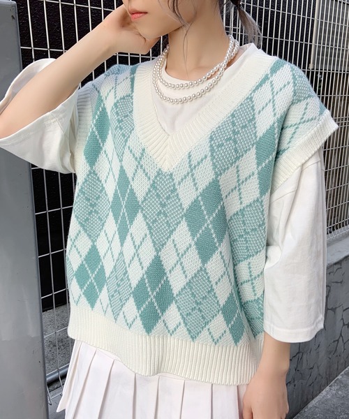 Figments（フィグメンツ）の「アーガイルニットベスト（ベスト・レディース・ブラック/グリーン・FREE）」の11枚目の写真