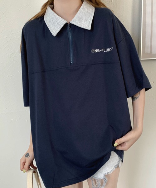 meJane(ミージェーン)の「ONE-FLUIDワンポイントロゴジップアップビックシルエットポロシャツ【ZOZOTOWN限定】(ポロシャツ・レディース・杢グレー/ネイビー・FREE)」の2枚目の写真