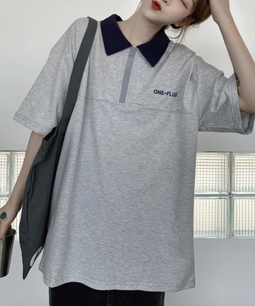 meJane(ミージェーン)の「ONE-FLUIDワンポイントロゴジップアップビックシルエットポロシャツ【ZOZOTOWN限定】(ポロシャツ・レディース・杢グレー/ネイビー・FREE)」の7枚目の写真