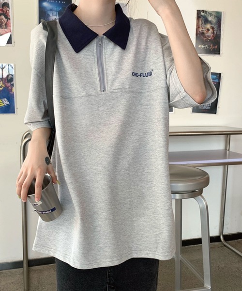 meJane(ミージェーン)の「ONE-FLUIDワンポイントロゴジップアップビックシルエットポロシャツ【ZOZOTOWN限定】(ポロシャツ・レディース・杢グレー/ネイビー・FREE)」の3枚目の写真