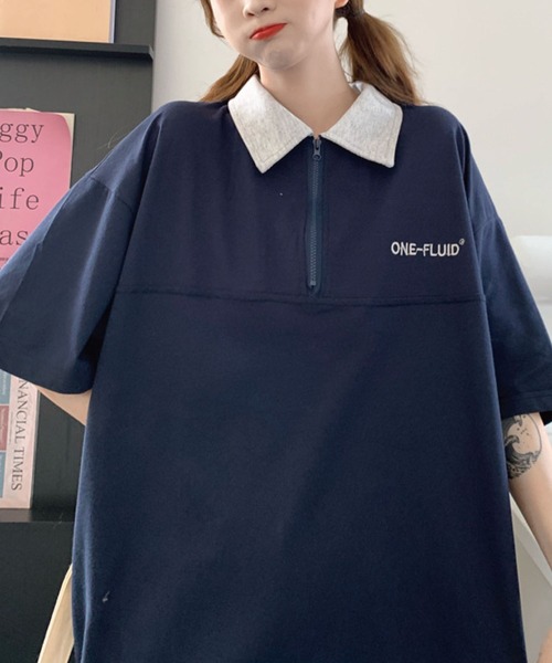 meJane(ミージェーン)の「ONE-FLUIDワンポイントロゴジップアップビックシルエットポロシャツ【ZOZOTOWN限定】(ポロシャツ・レディース・杢グレー/ネイビー・FREE)」の6枚目の写真