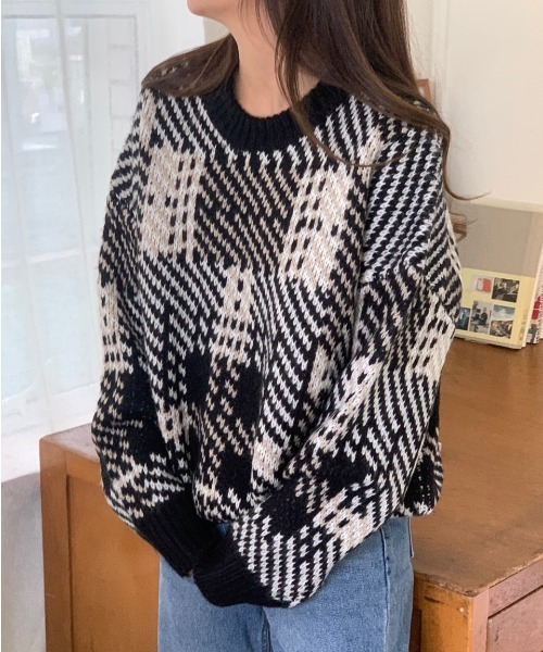 ABITOKYO(アビトーキョー)の「【ABITOKYO ORIGINAL】配色ニットジャガードチェックプルオーバー(ニット/セーター・レディース・パープル/レッド/グレー/オフホワイト/グリーン/ブラック・FREE)」の3枚目の写真