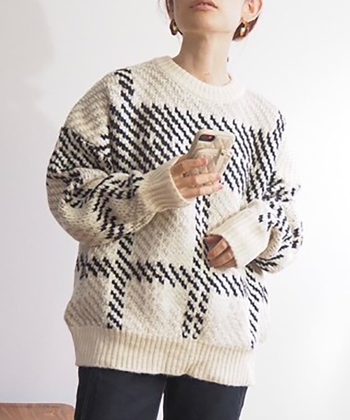 ABITOKYO(アビトーキョー)の「【ABITOKYO ORIGINAL】配色ニットジャガードチェックプルオーバー(ニット/セーター・レディース・パープル/レッド/グレー/オフホワイト/グリーン/ブラック・FREE)」の9枚目の写真