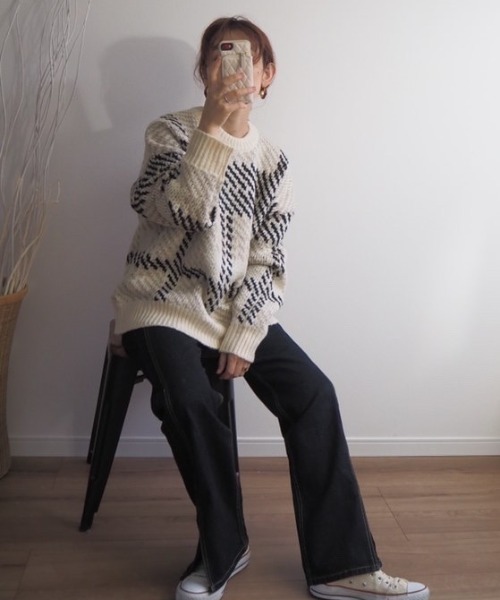 ABITOKYO(アビトーキョー)の「【ABITOKYO ORIGINAL】配色ニットジャガードチェックプルオーバー(ニット/セーター・レディース・パープル/レッド/グレー/オフホワイト/グリーン/ブラック・FREE)」の11枚目の写真