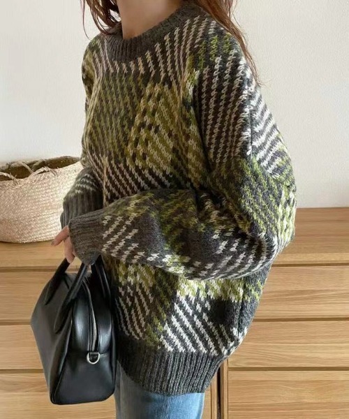 ABITOKYO(アビトーキョー)の「【ABITOKYO ORIGINAL】配色ニットジャガードチェックプルオーバー(ニット/セーター・レディース・パープル/レッド/グレー/オフホワイト/グリーン/ブラック・FREE)」の17枚目の写真