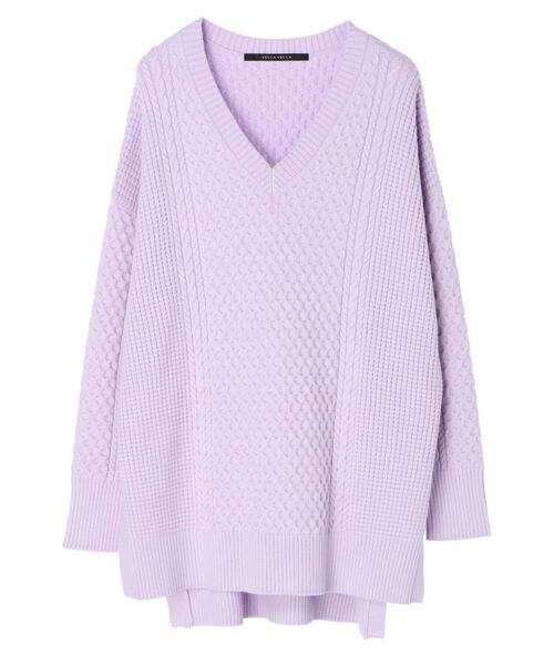 YECCA VECCA（イェッカヴェッカ）の「・Vネックケーブルニットチュニック＊（ニット/セーター・レディース・アイボリー/チャコールグレー/モカ/ラベンダー・FREE）」の14枚目の写真