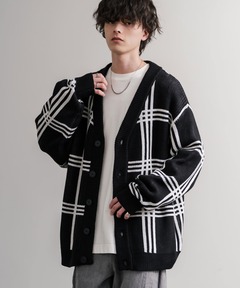 接触冷感 オーバーサイズチェック柄サマーニットカーディガン