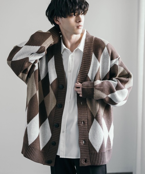 23区◆カーディガン(厚手)/36/ウール/IVO/総柄 Rocky Monroe カーディガン オーバーサイズ 総柄Vネックニット