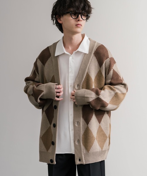 オーバーサイズ 総柄Vネックニットカーディガン アーガイル柄/チェック