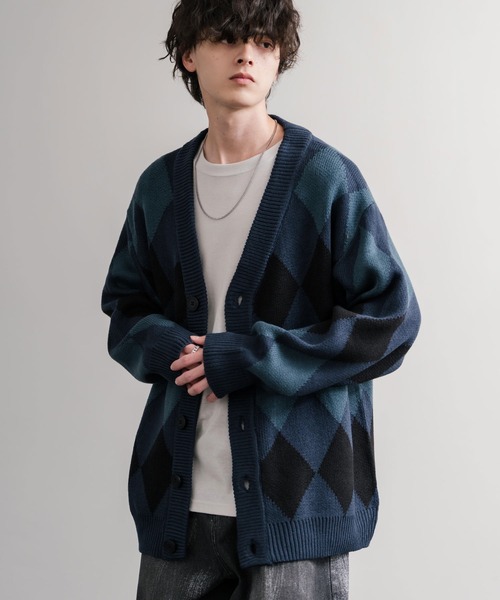 オーバーサイズ 総柄Vネックニットカーディガン アーガイル柄/チェック
