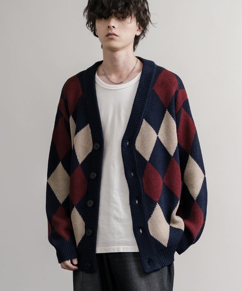 y2k 変形ドレープニットカーディガン ロック セール】オーバーサイズ 総柄Vネックニットカーディガン