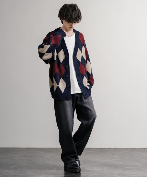 セール】オーバーサイズ 総柄Vネックニットカーディガン アーガイル柄