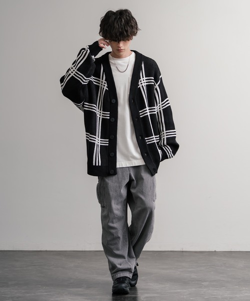 セール】オーバーサイズ 総柄Vネックニットカーディガン アーガイル柄