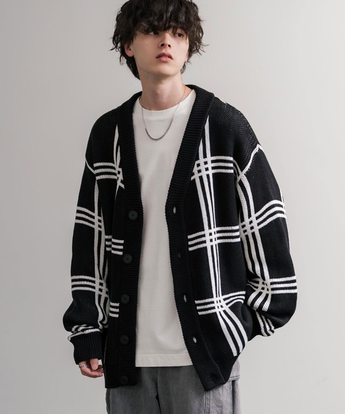 セール】オーバーサイズ 総柄Vネックニットカーディガン アーガイル柄