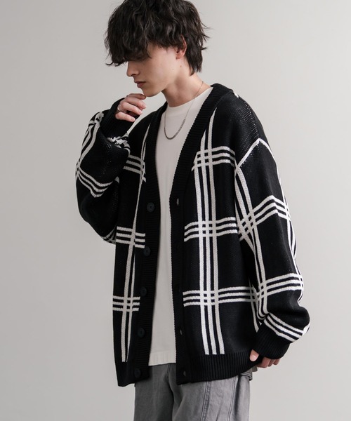 セール】オーバーサイズ 総柄Vネックニットカーディガン アーガイル柄