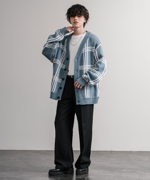 セール】オーバーサイズ 総柄Vネックニットカーディガン