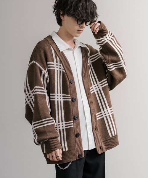 セール】オーバーサイズ 総柄Vネックニットカーディガン アーガイル柄