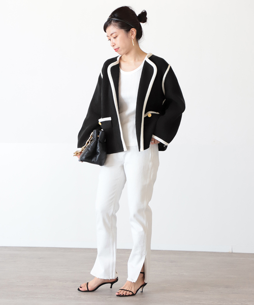 VERMEIL par iena（ヴェルメイユパーイエナ）の「ワッフルバイカラーニットジャケット◆（ノーカラージャケット・レディース・ホワイト/ブラック・FREE）」の5枚目の写真