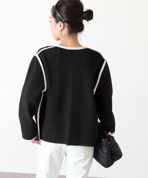 セール】ワッフルバイカラーニットジャケット◇（ノーカラー