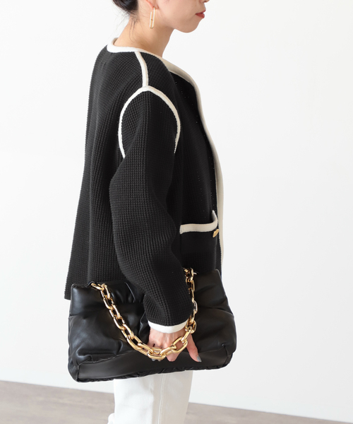 セール】ワッフルバイカラーニットジャケット◇（ノーカラー