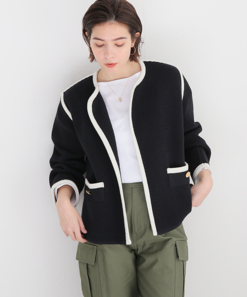セール】ワッフルバイカラーニットジャケット◇（ノーカラー
