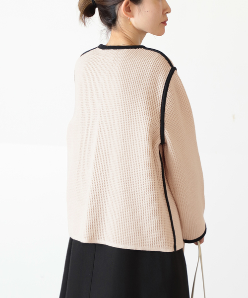 セール】ワッフルバイカラーニットジャケット◇（ノーカラージャケット
