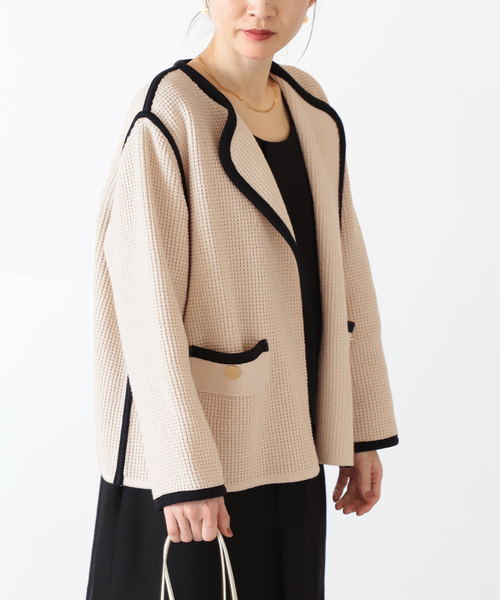 セール】ワッフルバイカラーニットジャケット◇（ノーカラー