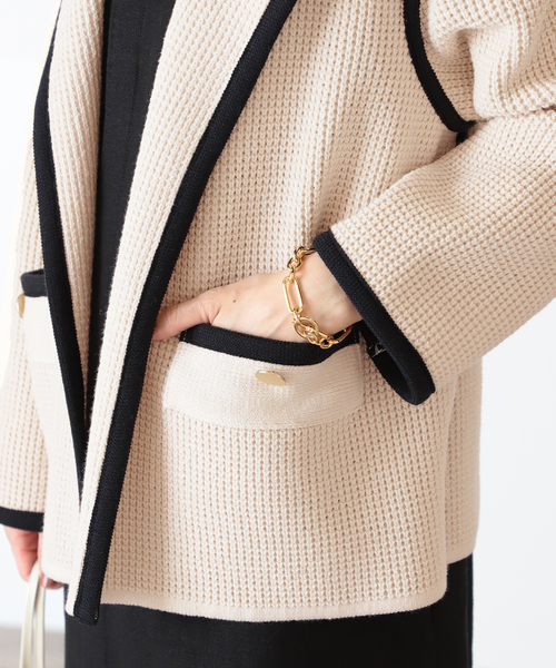 セール】ワッフルバイカラーニットジャケット◇（ノーカラー