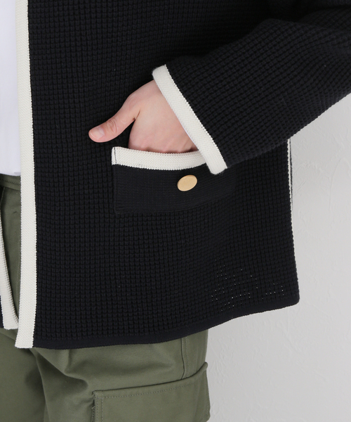 セール】ワッフルバイカラーニットジャケット◇（ノーカラー