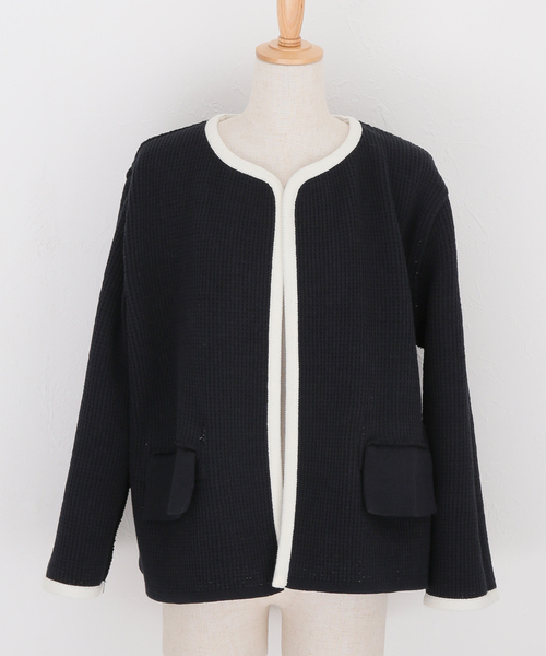 IENA イエナ　ノーカラージャケット セール】ワッフルバイカラーニットジャケット◇（ノーカラー
